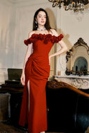 VOGSION Valentina burgundy 3D rose off-shoulder maxi dress, front view
