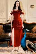 Burgundy maxi dress with fixed 3D roses, hip ruching and thigh slit
