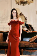 Full-length VOGSION Valentina burgundy wedding guest dress with fixed rose neckline