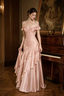 Blush pink satin off-shoulder formal maxi dress with layered ruffle skirt