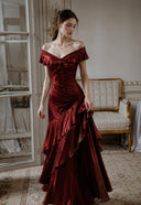 VOGSION Vivienne crimson red satin off-shoulder ruched maxi dress, front view
