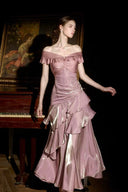 Deep pink satin off-shoulder ruffle maxi dress with fitted ruched waist, full-length front view