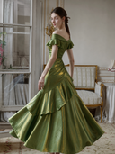 Olive green satin off-shoulder formal maxi dress with layered ruffle skirt, back view
