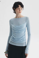 Vogsion x Moly Cho Celeste sheer draped long sleeve top in sky blue with black skirt