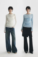 Vogsion x Moly Cho Celeste sheer draped long sleeve top in sky blue with black skirt