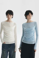 Vogsion x Moly Cho Celeste sheer draped long sleeve top in sky blue with black skirt