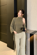 Olive sleeveless mock-neck knit tank with matching draped cardigan