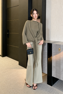 Olive wool-blend knit tank and tie-front cardigan set, full outfit front view