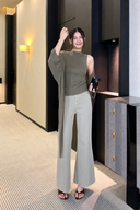 Olive knit tank and cardigan twinset worn open, full-length styling view